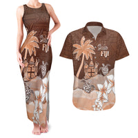 Personalised Bula Fiji Couples Matching Tank Maxi Dress and Hawaiian Shirt Fijian Masi Pattern With Brown Coat Of Arms LT05 Brown - Polynesian Pride
