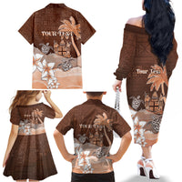 Personalised Bula Fiji Family Matching Off Shoulder Long Sleeve Dress and Hawaiian Shirt Fijian Masi Pattern With Brown Coat Of Arms LT05 - Polynesian Pride