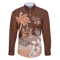 Personalised Bula Fiji Family Matching Off Shoulder Short Dress and Hawaiian Shirt Fijian Masi Pattern With Brown Coat Of Arms LT05 Dad's Shirt - Long Sleeve Brown - Polynesian Pride