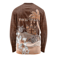 Personalised Bula Fiji Long Sleeve Shirt Fijian Masi Pattern With Brown Coat Of Arms LT05 - Polynesian Pride