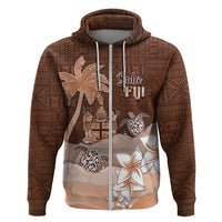 Personalised Bula Fiji Zip Hoodie Fijian Masi Pattern With Brown Coat Of Arms LT05 Zip Hoodie Brown - Polynesian Pride