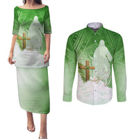 Happy Palm Sunday Couples Matching Puletasi and Long Sleeve Button Shirt With Polynesian Pattern LT05 Green - Polynesian Pride
