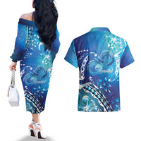 Polynesia Autism Awareness Couples Matching Off The Shoulder Long Sleeve Dress and Hawaiian Shirt Be In Awe Of My 'Tism