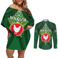 Personalized American Samoa Manu'a Cession Day Couples Matching Off Shoulder Short Dress and Long Sleeve Button Shirt With Polynesian Pattern LT05 Green - Polynesian Pride