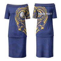 Personalised Nauru Angam Day Couples Matching Puletasi and Hawaiian Shirt Gold Navy Tribal Pattern