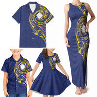 Personalised Nauru Angam Day Family Matching Tank Maxi Dress and Hawaiian Shirt Gold Navy Tribal Pattern