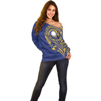 Personalised Nauru Angam Day Off Shoulder Sweater Gold Navy Tribal Pattern