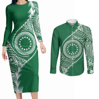 Cook Islands Gospel Day Couples Matching Long Sleeve Bodycon Dress and Long Sleeve Button Shirt Green Tribal Curves