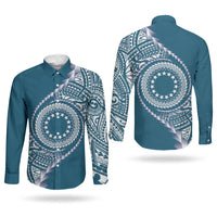 Cook Islands Gospel Day Couples Matching Off The Shoulder Long Sleeve Dress and Long Sleeve Button Shirt Blue Tribal Curves