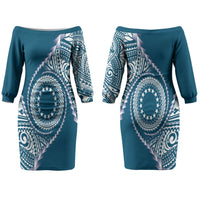 Cook Islands Gospel Day Couples Matching Off The Shoulder Long Sleeve Dress and Long Sleeve Button Shirt Blue Tribal Curves
