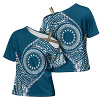 Cook Islands Gospel Day Cross Shoulder Shirt Blue Tribal Curves