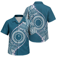 Cook Islands Gospel Day Family Matching Off Shoulder Short Dress and Hawaiian Shirt Blue Tribal Curves