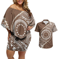 Cook Islands Gospel Day Couples Matching Off Shoulder Short Dress and Hawaiian Shirt Brown Tribal Curves