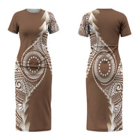 Cook Islands Gospel Day Couples Matching Short Sleeve Bodycon Dress and Long Sleeve Button Shirt Brown Tribal Curves