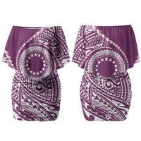 Cook Islands Gospel Day Couples Matching Off Shoulder Short Dress and Hawaiian Shirt Maroon Tribal Curves