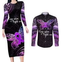 Pancreatic Cancer Awareness Couples Matching Long Sleeve Bodycon Dress and Long Sleeve Button Shirt Keep Calm And Fight On Polynesian Pattern LT05 Purple - Polynesian Pride