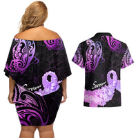 Pancreatic Cancer Awareness Couples Matching Off Shoulder Short Dress and Hawaiian Shirt Keep Calm And Fight On Polynesian Pattern LT05 - Polynesian Pride