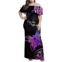 Pancreatic Cancer Awareness Family Matching Off Shoulder Maxi Dress and Hawaiian Shirt Keep Calm And Fight On Polynesian Pattern LT05 Mom's Dress Purple - Polynesian Pride