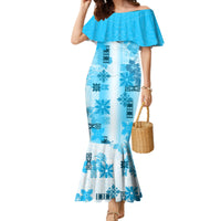 Hawaiian Quilt Family Matching Mermaid Dress and Hawaiian Shirt Vintage Pattern Blue LT05 Mom's Dress Blue - Polynesian Pride