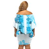 Hawaiian Quilt Off Shoulder Short Dress Vintage Pattern Blue LT05 - Polynesian Pride