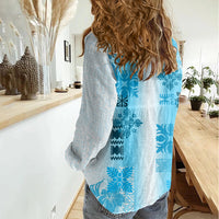 Hawaiian Quilt Women Casual Shirt Vintage Pattern Blue LT05 - Polynesian Pride