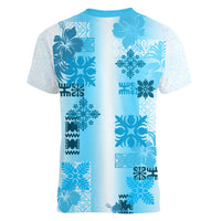 Hawaiian Quilt Women V Neck T Shirt Vintage Pattern Blue LT05 - Polynesian Pride