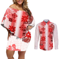 Hawaiian Quilt Couples Matching Off Shoulder Short Dress and Long Sleeve Button Shirt Vintage Pattern Red LT05 Red - Polynesian Pride