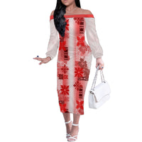Hawaiian Quilt Family Matching Off Shoulder Long Sleeve Dress and Hawaiian Shirt Vintage Pattern Red LT05 Mom's Dress Red - Polynesian Pride