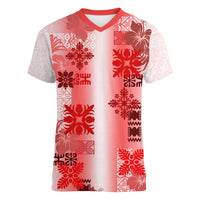 Hawaiian Quilt Women V Neck T Shirt Vintage Pattern Red LT05 Female Red - Polynesian Pride