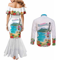 Aloha Hawaii Waikiki Beach Landscape Couples Matching Mermaid Dress and Long Sleeve Button Shirt