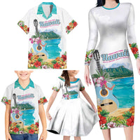Aloha Hawaii Waikiki Beach Landscape Family Matching Long Sleeve Bodycon Dress and Hawaiian Shirt