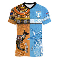 Custom Fiji Tapa And Australia Aboriginal Together Women V Neck T Shirt LT05 Female Blue - Polynesian Pride