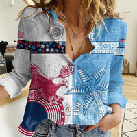 Custom Fiji And USA Palm Tree With Eagle Women Casual Shirt LT05 Female Blue - Polynesian Pride