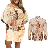 Tonga Women's Day Couples Matching Off Shoulder Short Dress and Long Sleeve Button Shirt With Polynesian Pattern LT05 Beige - Polynesian Pride