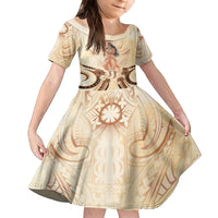 Tonga Women's Day Family Matching Off Shoulder Short Dress and Hawaiian Shirt With Polynesian Pattern LT05 Daughter's Dress Beige - Polynesian Pride