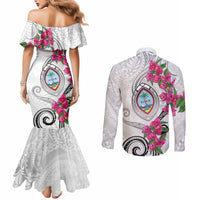 Guam Chamorro Couples Matching Mermaid Dress and Long Sleeve Button Shirt Curves Polynesian Tattoo Mix Bougainvillea