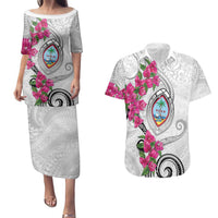 Guam Chamorro Couples Matching Puletasi and Hawaiian Shirt Curves Polynesian Tattoo Mix Bougainvillea