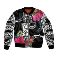 Hafa Adai Guam Sleeve Zip Bomber Jacket Polynesian Tattoo Tropical Flowers