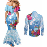 Hafa Adai Guam Couples Matching Mermaid Dress and Long Sleeve Button Shirt Tropical Flowers Blue Gradient