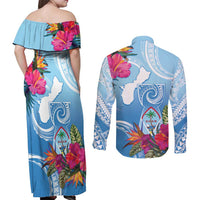 Hafa Adai Guam Couples Matching Off Shoulder Maxi Dress and Long Sleeve Button Shirt Tropical Flowers Blue Gradient