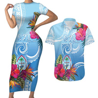 Hafa Adai Guam Couples Matching Short Sleeve Bodycon Dress and Hawaiian Shirt Tropical Flowers Blue Gradient