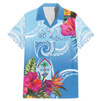 Hafa Adai Guam Family Matching Mermaid Dress and Hawaiian Shirt Tropical Flowers Blue Gradient