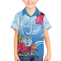Hafa Adai Guam Family Matching Off Shoulder Maxi Dress and Hawaiian Shirt Tropical Flowers Blue Gradient
