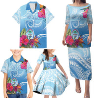 Hafa Adai Guam Family Matching Puletasi and Hawaiian Shirt Tropical Flowers Blue Gradient