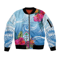 Hafa Adai Guam Sleeve Zip Bomber Jacket Tropical Flowers Blue Gradient
