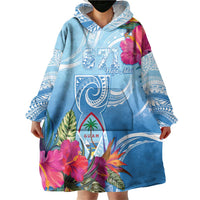 Hafa Adai Guam Wearable Blanket Hoodie Tropical Flowers Blue Gradient