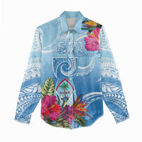 Hafa Adai Guam Women Casual Shirt Tropical Flowers Blue Gradient
