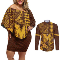 Personalised Hawaii Mililani High School Couples Matching Off Shoulder Short Dress and Long Sleeve Button Shirt Tribal Tattoo With Hibiscus Flowers
