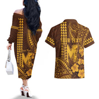 Personalised Hawaii Mililani High School Couples Matching Off The Shoulder Long Sleeve Dress and Hawaiian Shirt Tribal Tattoo With Hibiscus Flowers
