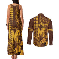 Personalised Hawaii Mililani High School Couples Matching Tank Maxi Dress and Long Sleeve Button Shirt Tribal Tattoo With Hibiscus Flowers